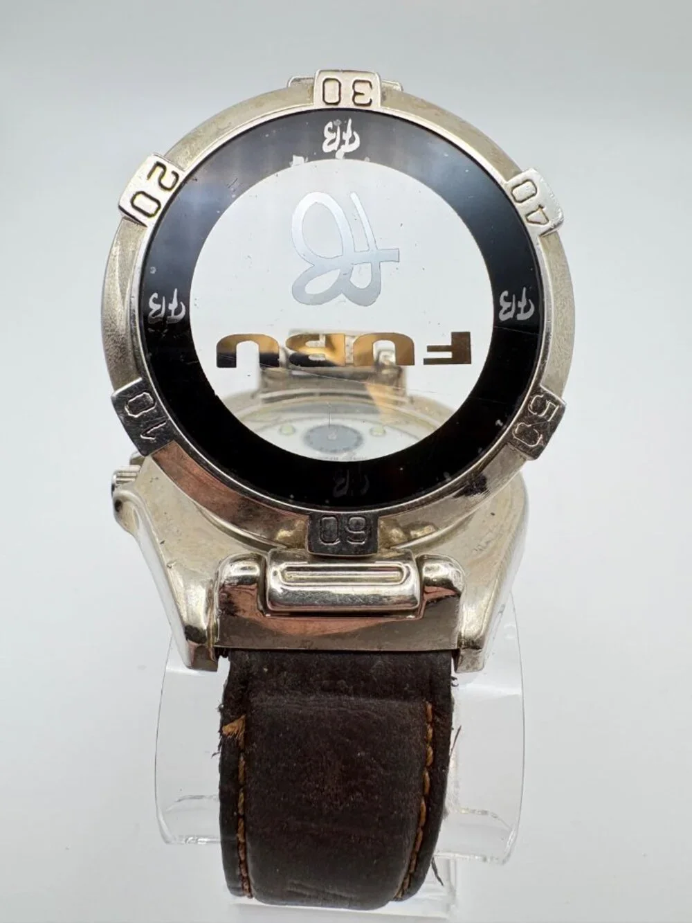 Vintage FUBU Mens Quartz Watch Hinged Flip Cover Silver Tone Leather Band Works